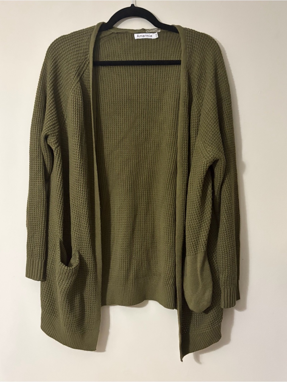 Amazon Olive Green Open-Front Waffle Knit Cardigan
